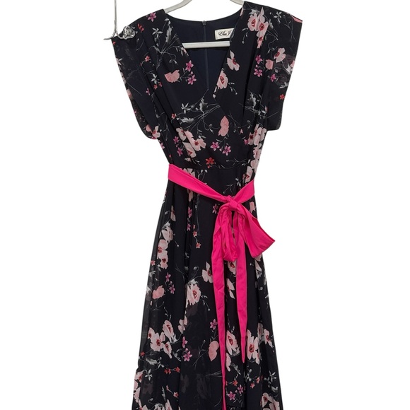 Eliza J NWT Navy and Pink Floral High-Low Maxi Dress with pink sash size 6 - Picture 7 of 14